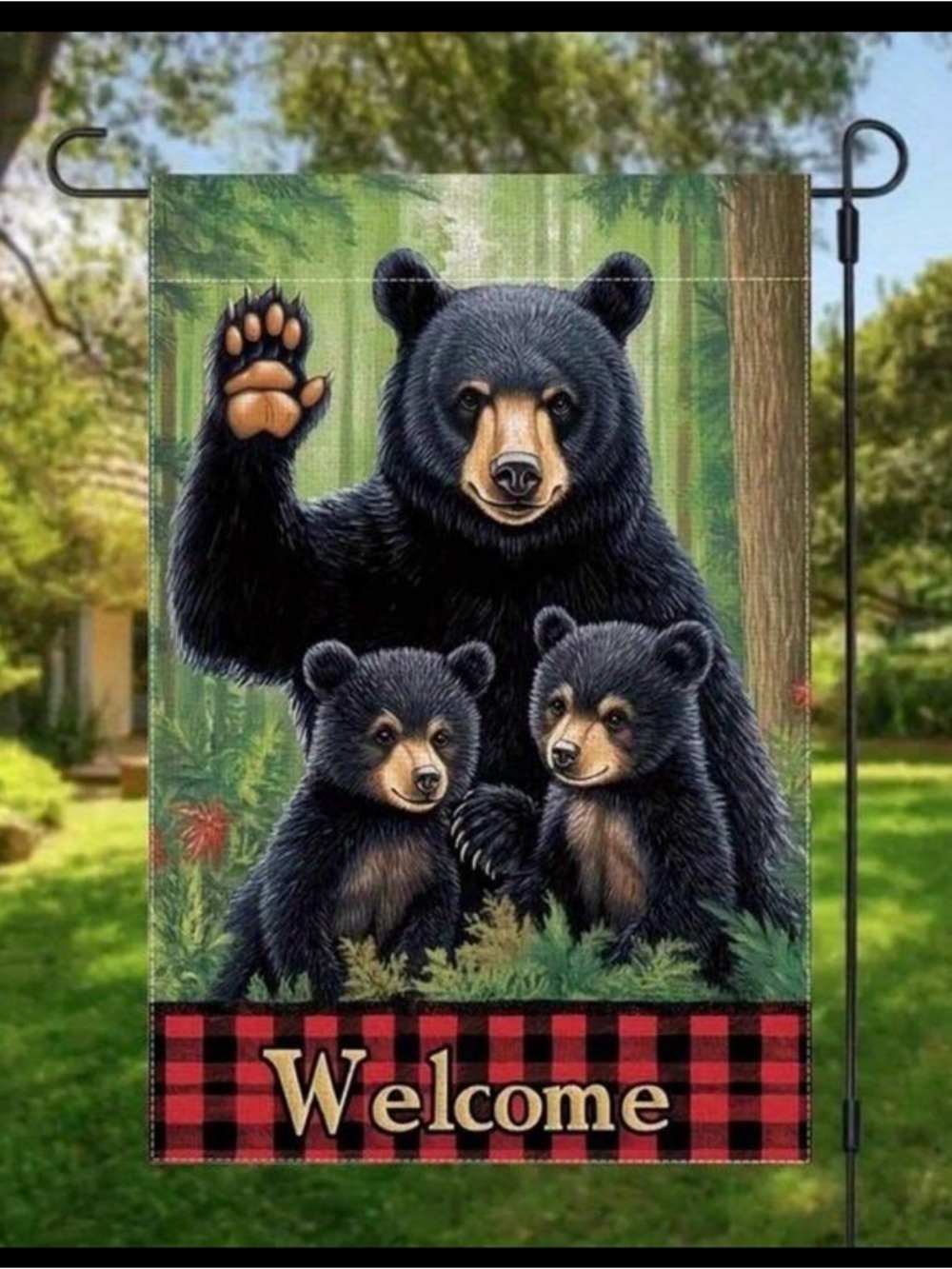 Welcome Bear Family Garden Flag - Black & Green